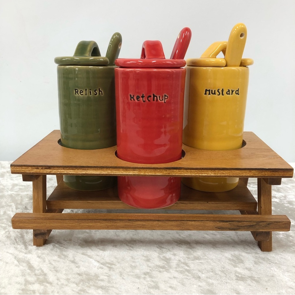Williams Sonoma condiment picnic table Mustard ketchup relish jars & spoons